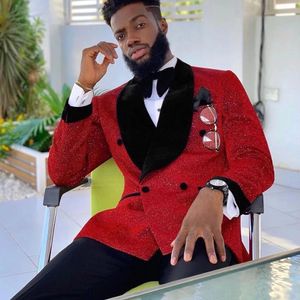 Glitter Red Sequins Mens Suits Groom Wedding Tuxedos Slim Fit Double Breasted Blazer Man Formal Business Prom Dress 2 Pieces Traje De Hombre Male Tuxedo Suit