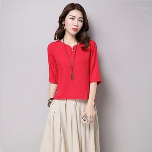 Kadın Bluz Gömlek 2022 Yaz Vintage Yarım Kollu Kadın Pamuk Keten Gömlek Gevşek Rahat Bayanlar Blusas Beyaz Kırmızı M-2XL Tops