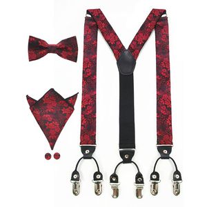 Bow Ties Men Suspenders Fashion Braided Floral Tie Pocket Square& Cufflinks Set Wedding Party Gifts Adjustable Braces Suspender