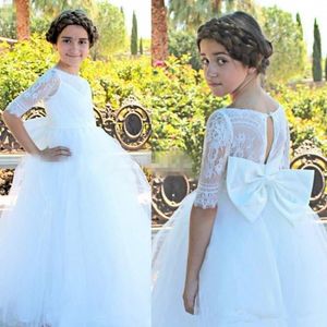 Girl's Dresses Simple White Soft Lace Tulle Flower Girls For Wedding Modest Illusion Half Sleeves Bow Sash Floor Length First CommunionGirl'