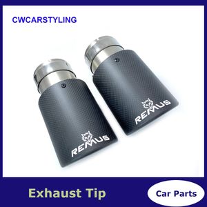 1PCS Car Exhaust Tail Pipe Curly Matt Carbon Fiber Sandblasting Stainless Steel Straight Flange Muffler Tip With Remus Logo