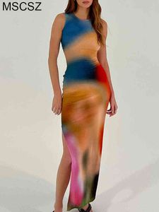 ファッションプリントカジュアルロングドレス女性サマータイ染料袖のマキシドレスセクシーなサイドスリットリブ付きボディコンドレスタンクT220816