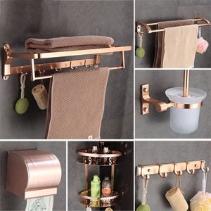 Rose Gold Raum Aluminium Bad Hardware Set Papier Box Handtuch Bar Regal Robe Haken Toilettenbürstenhalter Bad Zubehör T200425