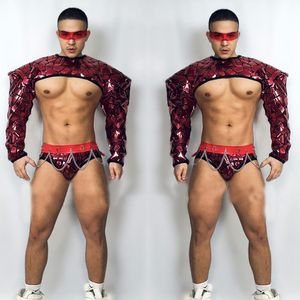 Scena Zużycie Klub nocny Mężczyzny Taniec Ubranie Sexy Red Mirror Suit Exburbleged ramion podkładka Top Briefs Gogo strój XS3657 STAGE