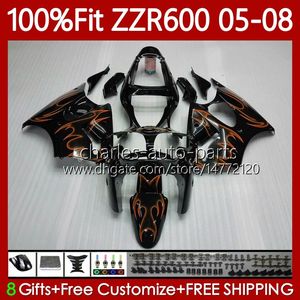 Injection Mold Bodywork For KAWASAKI NINJA ZZR600 600CC 2005 2006 2007 2008 Body 134No.125 100% Fit ZZR-600 600 CC Orange flames 2005-08 ZZR 600 05 06 07 08 OEM Fairing Kit