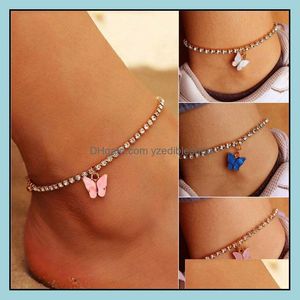 Tornozinhos j￳ias J￳ias coreanas Moda Butterfly Rhinestone Crystal Foot Bracelet Boho Beach Sweet Acr￭lico Coslet para Mulheres Garotas Droga 2021