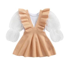Citgeett Autumn Kids Girls Skirt Suit Fashion Solid Color Long -Sleeve Tops and Knitted Jarretelle Skirt Spring Clothing set j220711