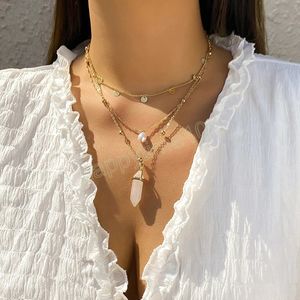 Temperament Natural Stone Crystal Pearl Pendant Necklace for Women Wedding Bridal Quartz Hexagonal Choker Y2K Jewelry