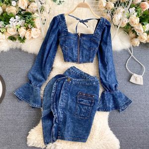 2022 herbst Zwei Stück Kleid Frauen Sexy Jeans Set Langarm Crop Tops Und Bodycon Kurze Denim Rock Anzüge für frau