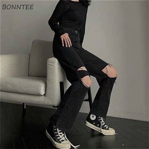 Dżinsy kobiety jeansowe workowate otwór wysokiej talii nastolatki streetwear allmatch chłopak prosto koreańskie modne spodnie 220701