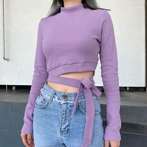 女性用Tシャツ2022秋の甘い紫色のリブ付きニットニットTshirs女性ボウレースアップロングスリーブトップTシャツタートルネックストリートウェアティー
