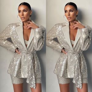 2022 Chic Bridesmaid Dress for Women Sequin Blazer Suit Party Streetwear Casual Office lady 2 Pieces Jacket Pants