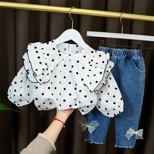 Çocuk Bebek Kız Kıyafetleri Set Dot Pileli Dantel Yaka   Uzun Denim Bows Pantolon Çocuk Giyim 1 2 3 4 Yıl 220507