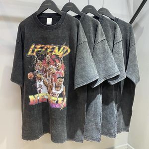 T-shirt da uomo T-shirt grafiche da basket T-shirt oversize da uomo Stampa in cotone Retro Washed Top Tee Harajuku Streetwear Summer Vintage Clothi