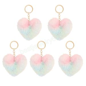 Adorável coração Faux Fur Pom Pom Pom Chaves Imitação de Rabbit Ball Toy Toy Saco de boneca Chave anel Rainbow Plush Plushchain Jewelry Gift