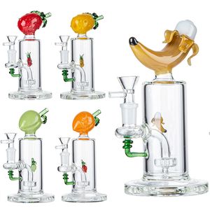 Straight Tube Cute Fruit Style Glass Bongs Banana Peach Pineapple Hookahs Heady Showerhead Perc Oil Dab Rigs Colorful Glass Water Pipes With Bowl