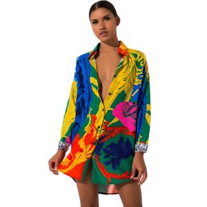 New Pattern Women Shirt Dress Long Sleeve Vestidos Designer Dresses Colorful Flower Painted One Piece Wholesale Clothing