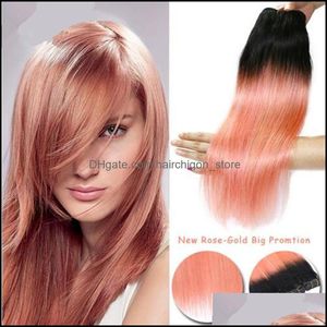 Custom Hair Extensions Products Ombre Rose Gold With Dark Roots Brazilian Straight Virgin Soft Weave Drop Delivery Bjp2R