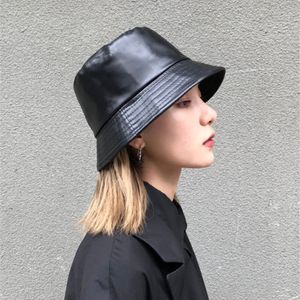 Winter Autumn Solid Black Soft Pu Leather Bucket Cap Retro Lady Panama Hat Outdoor Sunscreen Women Sun Hats 220513