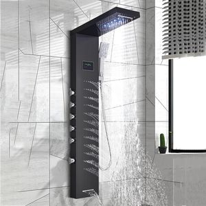 Black/Brushed Bathroom Shower Faucet LED Rainfall Shower Panel Set Bathtub Mixer Tap With Hand Shower Temperature Screen