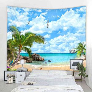 3D Seaside Coconut Tree Landscape Tappeto decorativo Bohemian Art Deco Coperta Tende appese in camera da letto Soggiorno J220804