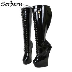 Botas Lockable Botas de Sorbern Mulheres Botas de Plataforma Espensa 43 Sapatos Ileless Lace Up Fechaduras Personalizadas Com Chave Fetish High Heel Shoes