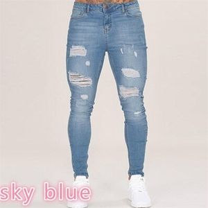 Homens magros e magro ripped hole casual calça calça de lápis completa de lenght slim tamanho grande algodão sólido jeans angustiado 210330
