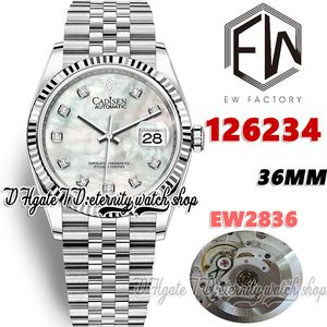 EWF V3 EW126234 A2836 Automatisk herrklocka 36mm räfflad Bezel Mother of Pearl Dial Diamond Markers 904L Steel Armband med samma seriella garantikort Eternitetsklockor
