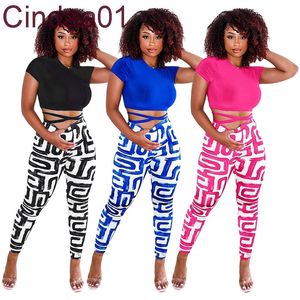 Womens Summer Clothes Temperament Bandage Short Sleeve Sweet Printing Slim Fitting Pants Two-piece Set