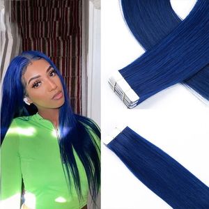 Silkeslen rak höjdpunkt blå tejp i förlängningar verkliga mänskliga hår hud inslag tejp hårstycken för mode kvinnor tum