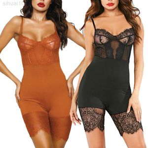 Women Sexy Mesh Lace Jumpsuit Strappy Sleeveless Short Bodycon Playsuit Women Body Shaper Hip Lifting Big Gifts L220802