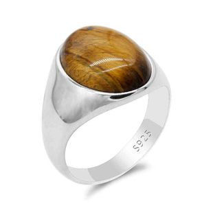 Tiger Eye S925 Sterling Silver Natural Gemstone Retro Simple Men's Ring Turkish Jewelry for Men and Women