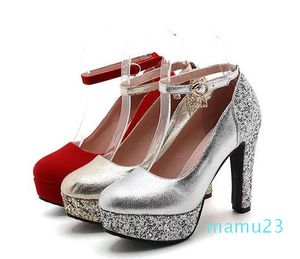 Plus size 34 to 42 43 bridal wedding shoes red sequined ankle strappy round toe platform pumps gold silver Come