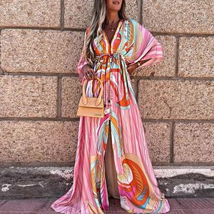 Casual Dresses 2022 Women Boho Summer Long Dress Holiday Maxi Loose Sundress Floral Print V-neck Sleeve Big Tail Elegante