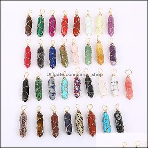 Charms Schmuckzubehör Komponenten Mode Sechseckiges Prisma 7 Chakra Heilung Naturstein Handgefertigter Eisendraht Amethyst Opal Rosenquarz Stift