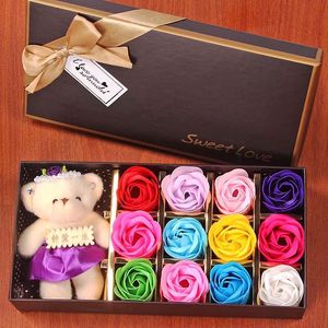 Decorative Flowers & Wreaths 12pcs/set Romantic Scented Bath Soap Rose Flower Petal With Little Cute Bear Doll Gift Box For Mothers Day Gift