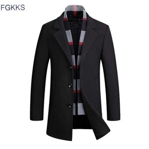 fgkks 남자 브랜드 울 블렌드 패션 겨울 따뜻한 두꺼운 모직 단색 코트 슬림 한 수컷 트렌치 코트 스카프 201222
