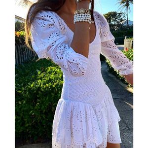 Boho Inspired long sleeve autumn white dres cotton smocked bodice sexy party dress eyelet embroidery mini dress for women 220509