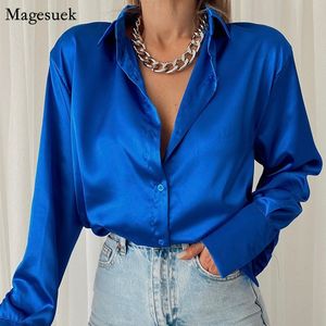 Elegante cetim manga longa blusas mulheres vintage azul verde camisa de seda casual solto botão até camisas femininas topos 18913 w220321