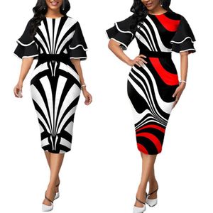 Fritidsklänningar Plus Size Elegant geometriskt tryck festklänning 2022 Höst Kvinnor Fjärilsärm Chic Office Bodycon 3XL