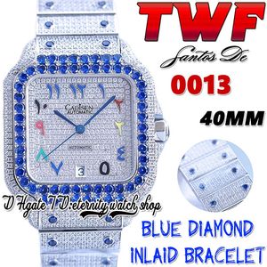 TWF TW0013 JAPAN MIYOTA AUTOMATISK MENSKRAV BLÅ BIG DIAMONDER REZEL FULLT ICED ut Diamond Dial Rainbow Arabiska markörer Rostfritt armband Super Eternity Watches