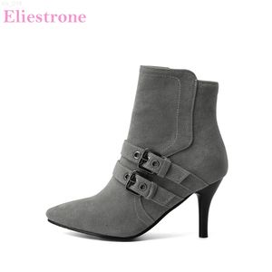 Sale Brand New Glamour Gray Black Women Ankle Boots High Heels Lady Dress Shoes Plus Big Small Size T220718