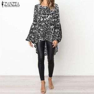 Zanzea kadın tunik bluz kadın seksi puflu kol asimetrik üstler gömlek gündelik leopar tahıl blusas tunik üstleri artı 5xl t200322