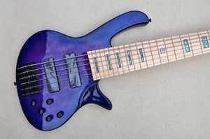 Factory Custom Blue Purple 6-String Electric Bass Guitar med Flame Maple Veneer Black Hardwares Maple Fingerboard Abalone fret Inlay Erbjudande anpassad