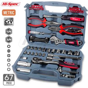 Hi-Spec 67pc Araç Onarım Aracı Kiti Seti 1/4 3/8 Otomatik Mekanik Araçlar Metrik DIY El Araçları Soket Tornavida Seti Kutu H220510