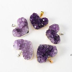 Natural Amethyst Cluster Crystal Pendant Love Gift Chakra Healing Reiki Mineral Quartz Energy Rough Stone Necklace with leather RRA12890