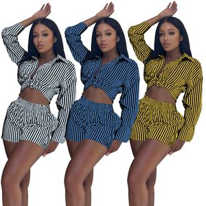 Fashion Newest Striped Print Tracksuits For Womens Long Sleeve Lapel Shirts Tops And Casual Shorts 2 Piece Sets M6567