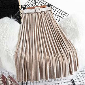 Realeft Chic Velvet Pleated Skirts Autumn Winter High Waist Women's Longスカート