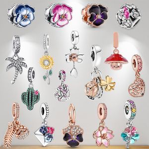 925 Sterling Silver Pingente Charms para Pandora Caixa Original Flor Grass Cactus Árvore Planta Planta Europeia Charms de pulseira Colar de pulseira