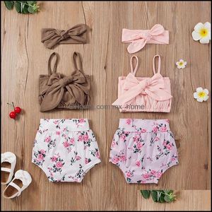 Giyim Setleri Çocuk Kız Kıyafetleri Bebek Sling Bow Topsandflower Çiçek Baskı Shortsandhead Band 3pcs/Set Summer Fa Mxhome Dhkom